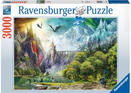 Ravensburger 3000pc puzzle featuring vibrant dragons in a mythical landscape, measuring 121 x 80 cm when completed.