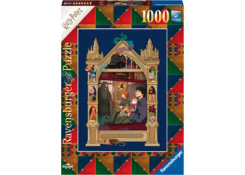 Ravensburger 1000pc puzzle featuring Harry, Hermione, and Ron on their magical journey to Hogwarts, ideal for fans.