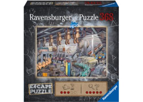 Colorful 368-piece Ravensburger puzzle depicting a whimsical toy factory filled with joyful characters and surprises.