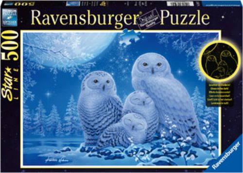 Ravensburger 500-piece puzzle featuring owls in a serene moonlit landscape, perfect for relaxation and cognitive skill enhancement.