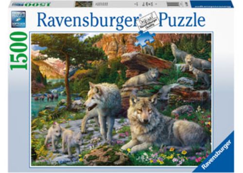 Ravensburger 1500-piece puzzle featuring majestic wolves in a vibrant spring landscape, measuring 84 x 60 cm when completed.