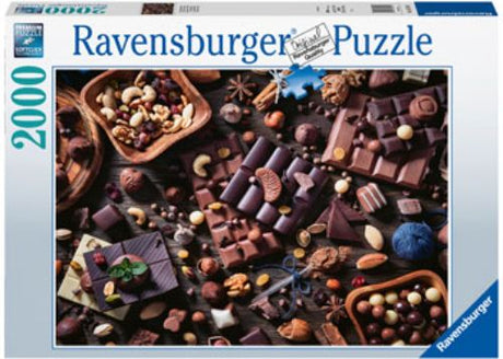 2000-piece Ravensburger puzzle featuring a vibrant array of chocolate treats, perfect for enthusiasts and gift-givers.