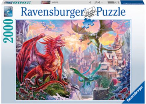 Ravensburger 2000-piece Dragonland Puzzle featuring mythical dragons in a vibrant fantasy landscape, perfect for puzzle enthusiasts.