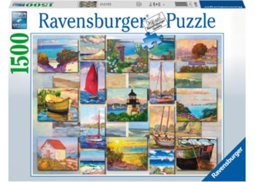 Ravensburger 1500pc Coastal Collage Puzzle featuring a vibrant coastal scene, ideal for family fun or solo relaxation.