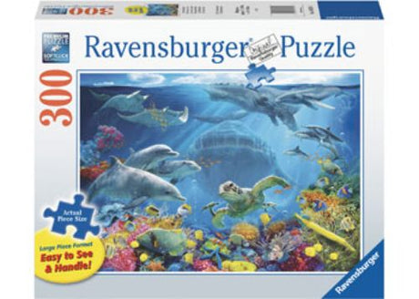 Large Format 300-piece puzzle depicting vibrant underwater life, ideal for family fun and enhancing cognitive skills.