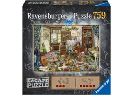 Colorful Ravensburger 759pc puzzle featuring an artist's studio, blending creativity with an escape room experience.