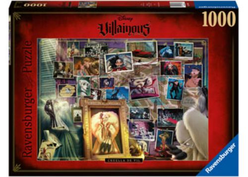 Ravensburger 1000-piece puzzle featuring Cruella Deville with vibrant colors and intricate details for Disney villain fans.