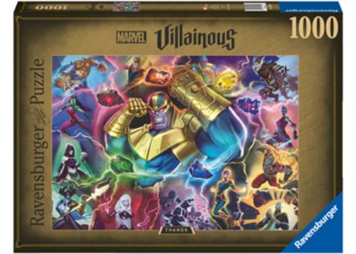 Ravensburger Villainous Thanos 1000-piece puzzle featuring detailed Thanos artwork for Marvel fans and puzzle enthusiasts.