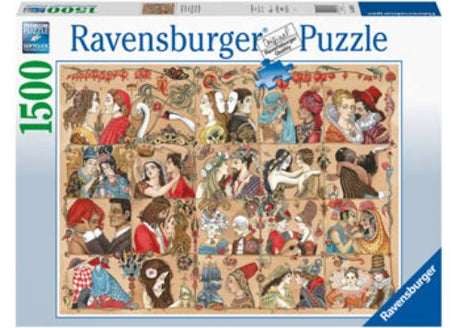 Ravensburger Love Through the Ages 1500pc puzzle featuring vibrant scenes of romance and nostalgia for art lovers.