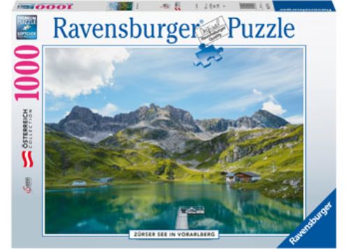 A 1000-piece Ravensburger puzzle featuring the serene Vorarlberg landscape with vibrant mountains and tranquil lake waters.