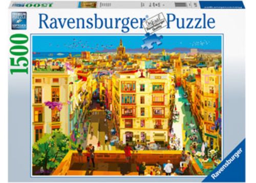 Colorful 1500-piece jigsaw puzzle showcasing Valencia's vibrant dining scene with tapas and seafood against stunning architecture.