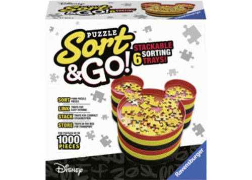 Compact Disney Mickey's puzzle sorter with interconnected trays for efficient piece organization by color, perfect for travel.