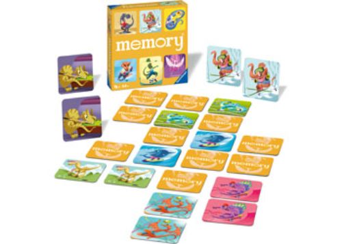 Colorful memory game cards featuring dinosaurs playing sports, enhancing cognitive skills for kids and families.