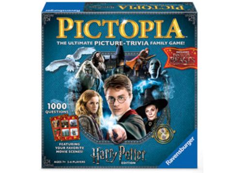 Ravensburger Harry Potter Pictopia game box featuring cards and components for a magical trivia experience for families.