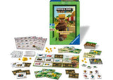 Ravensburger Minecraft Game Expansion showcasing building tiles, vegetable tokens, and a marketplace board for trading fun.