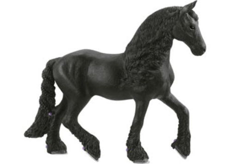 Schleich Frisian Mare figurine, featuring a detailed black coat, flowing mane, and braided fetlocks, perfect for play and display.