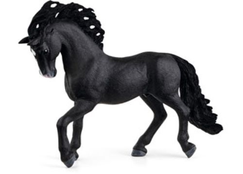 Black Pura Raza Española stallion model with arched neck and flowing mane, perfect for play or display in a horse collection.