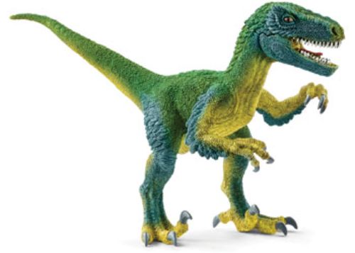 A detailed hand-painted Schleich Velociraptor figure, showcasing its sharp teeth and agile design for educational dinosaur play.