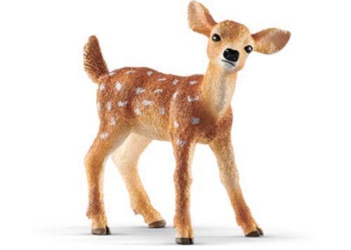 Lifelike Schleich white-tailed fawn figurine with realistic spots, ideal for play and nature-themed collections.