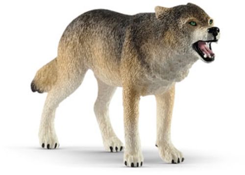 Realistic Schleich Wolf figurine with detailed fur and emerald eyes, perfect for imaginative play and nature education.