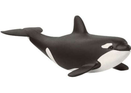 Realistic Schleich Baby Orca figurine featuring black and white coloring, perfect for marine animal lovers and playtime.