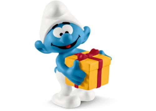 Jokey Smurf holding a present, known for his playful pranks, colorful details perfect for collectors and imaginative play.