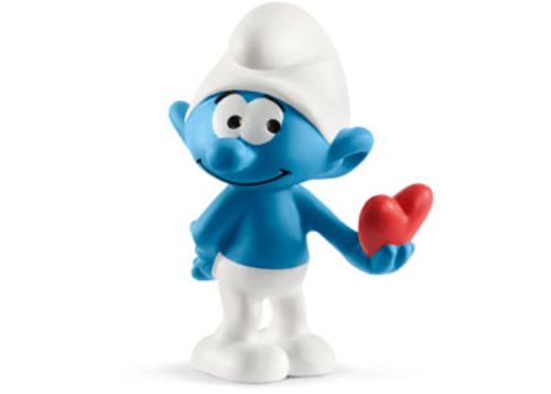 Schleich Smurf figurine joyfully holding a heart behind his back, embodying affection and playfulness.