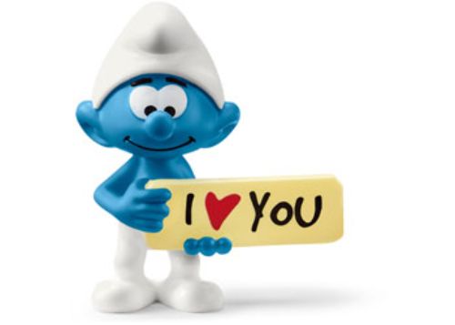 Schleich Smurf figurine joyfully holds a sign saying 'I LOVE YOU!', perfect for play or display.