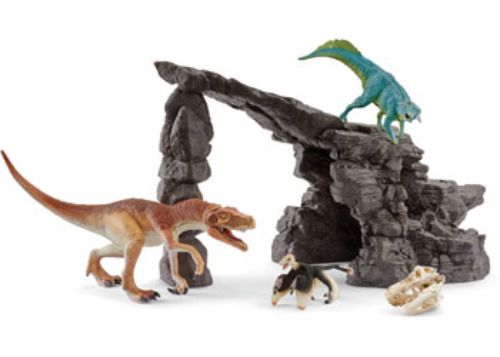 Schleich Dino Set with Cave showcases detailed dinosaur figures, featuring a Herrerasaurus, Microraptor, and Psittacosaurus in action.