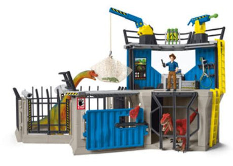 Colorful Schleich Large Dino Research Station with rotating crane, cable winch, dinosaurs, and movable researcher Maxx.