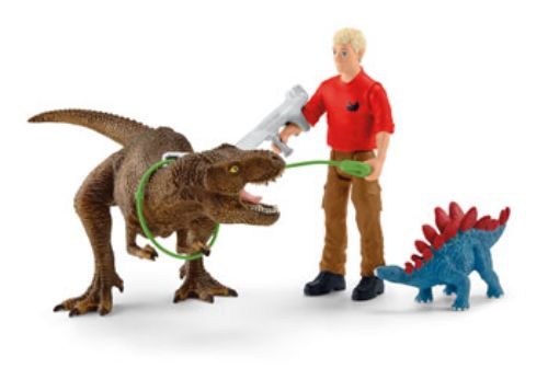 Detailed playset featuring a Tyrannosaurus Rex, researcher Flynn, and a baby Stegosaurus for imaginative dinosaur adventures.