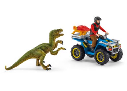 Schleich Quad Escape playset featuring a researcher, velociraptor, and ankylosaurus for thrilling dinosaur adventures.