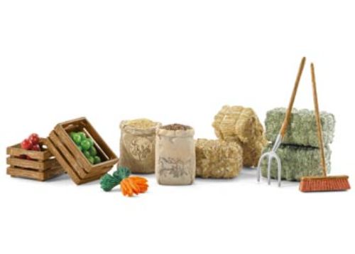 Schleich Feeding Set featuring hay, straw, and carrots for imaginative play and learning about horse care. Suitable for ages 3+.