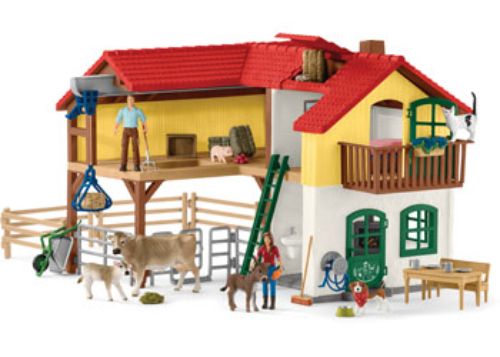 Detailed Schleich Large Farm House set with cozy living area, 2 figurines, 7 animals, and interactive features for imaginative play.