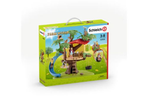 Schleich Adventure Tree House playset featuring Ben, Sarah, a Beagle puppy, and animal friends for imaginative outdoor fun.