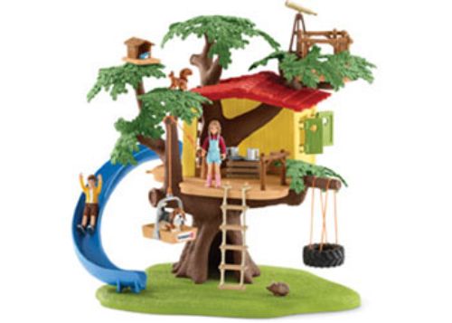 Schleich Adventure Tree House playset with Ben, Sarah, Beagle puppy, hedgehog, bird, slide, and pulley for imaginative outdoor fun.