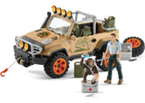 Schleich 4x4 vehicle with winch, featuring Ranger David and young chimpanzee for imaginative jungle adventures.