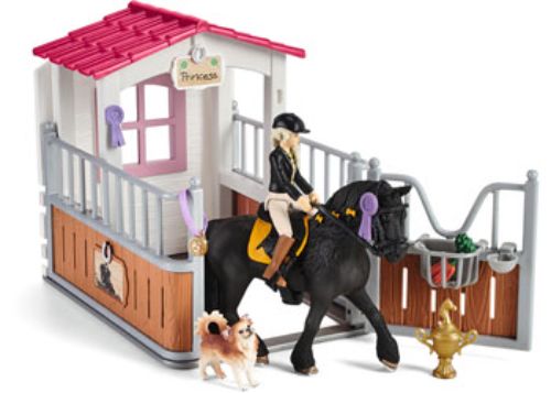 Detailed Schleich horse box playset featuring Tori and her horse Princess, designed for imaginative play and adventure.