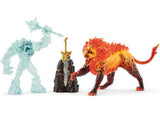 Schleich playset features the Frost Monster battling the Fire Lion for a powerful sword in an epic elemental showdown.