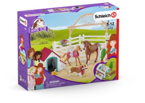 Schleich Horse Club playset featuring Hannah, an Appaloosa mare, foal, and Ruby the dog, encouraging imaginative play and care.