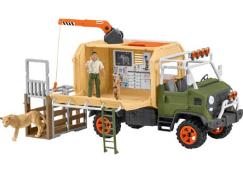 Schleich Animal Rescue Large Truck with treatment cabin, crane, and accessories for imaginative animal care play.