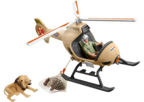 Schleich Animal Rescue Helicopter playset with a ranger, lion, and baby hippo for adventurous animal rescue missions.