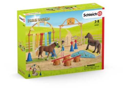 Schleich Pony Agility Training set features hand-painted ponies navigating obstacles for imaginative play and skill development.