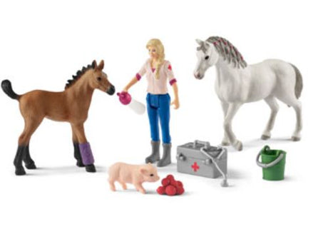 A veterinarian cares for a quarter horse foal while the attentive mare and a playful piglet watch, promoting imaginative play.