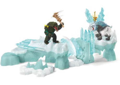 "Schleich Attack on Ice Fortress playset featuring a battle crocodile, saber tooth tiger, and customizable adventure elements."