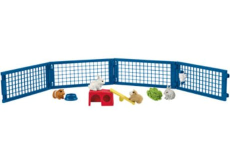 Schleich Rabbit and Guinea Pig Hutch with playful pets, seesaw, food bowl, and customizable fence sections for imaginative play.