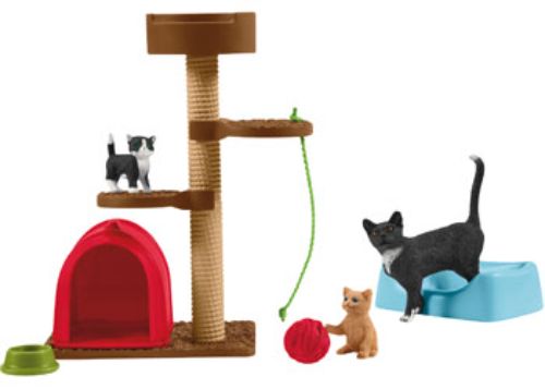 Schleich Playtime for Cute Cats set featuring playful cats, adjustable scratching post, and cozy accessories for imaginative fun.