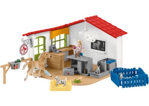 Schleich Veterinarian Practice playset with detailed vet station, adorable pets, and essential medical equipment for imaginative care.