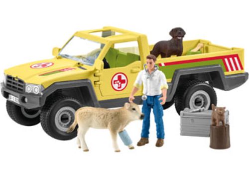 Schleich Veterinarian playset with vet, calf, Labrador, kitten, pickup truck, and medical accessories for animal care fun.