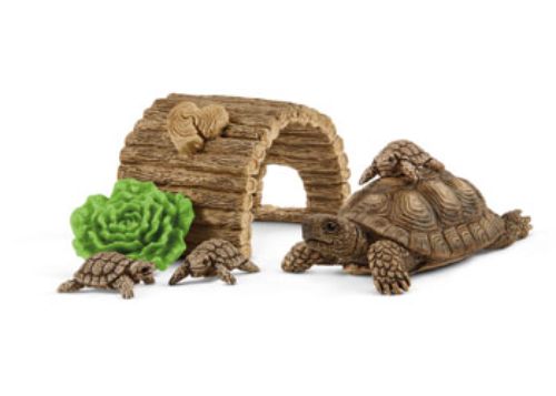 Schleich Tortoise Home with habitat, large tortoise, baby tortoises, and salad, perfect for imaginative play and learning.